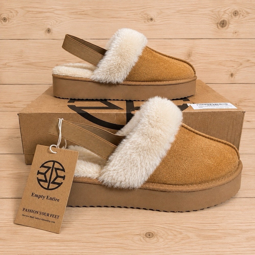 Empty Entire Chestnut Platform Slippers Memory Foam Faux Fur Slingback Size 9[A3